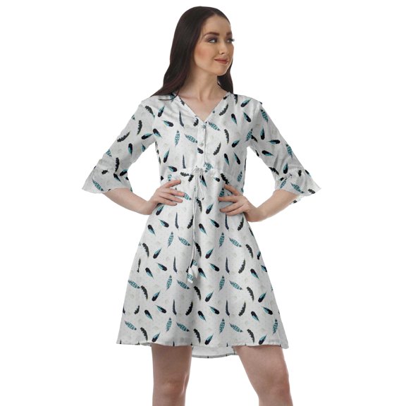 Moomaya Women Printed Drawstring Mini Dress V Neck Ruffle Sleeves Summer Dress