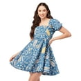 thumbnail image 1 of Moomaya Women Printed Flared Mini Dress Square Neck Puff Sleeves Cotton Short Dress, 1 of 8