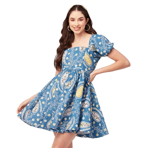 Moomaya Women Printed Flared Mini Dress Square Neck Puff Sleeves Cotton Short Dress