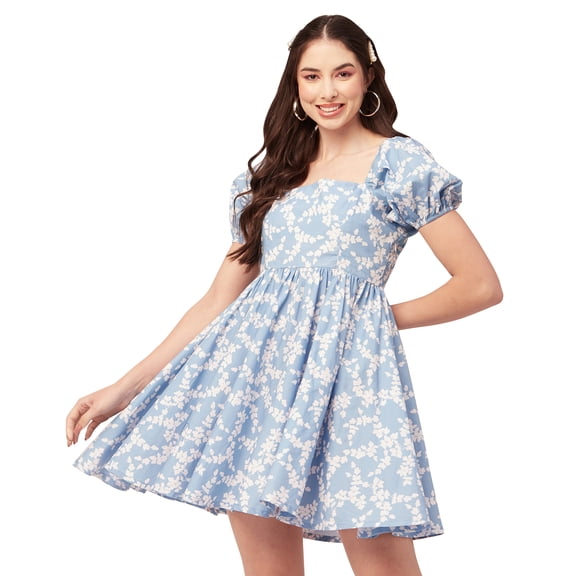 Moomaya Women Printed Flared Mini Dress Square Neck Puff Sleeves Cotton Short Dress