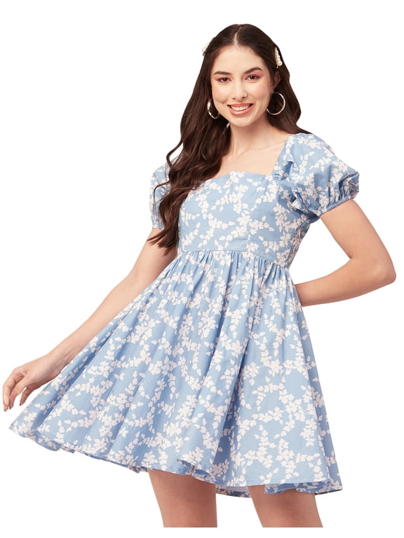 Women Printed Flared Mini Dress Square Neck Puff Sleeves Cotton Short Dress