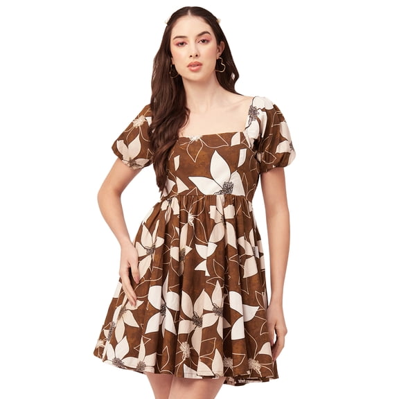 Moomaya Women Printed Flared Mini Dress Square Neck Puff Sleeves Cotton Short Dress