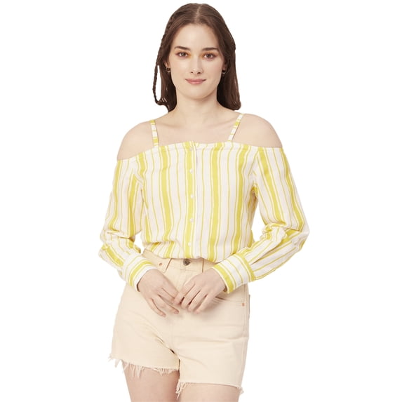 Moomaya Women Printed Long Sleeves Top, Off Shoulder Front Buttoned Shirt