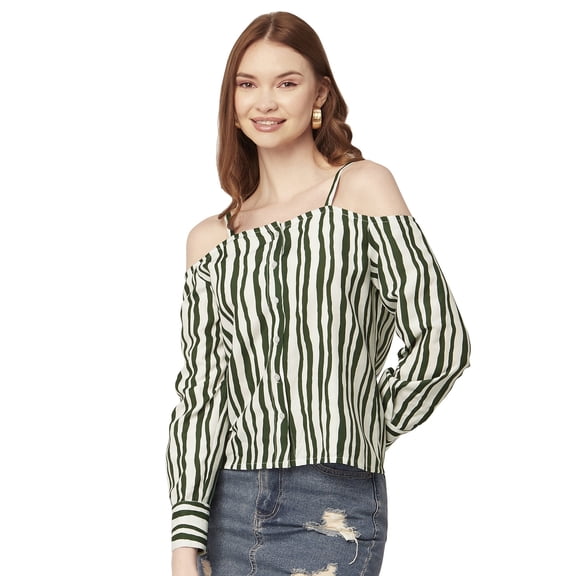Moomaya Women Printed Long Sleeves Top, Off Shoulder Front Buttoned Shirt