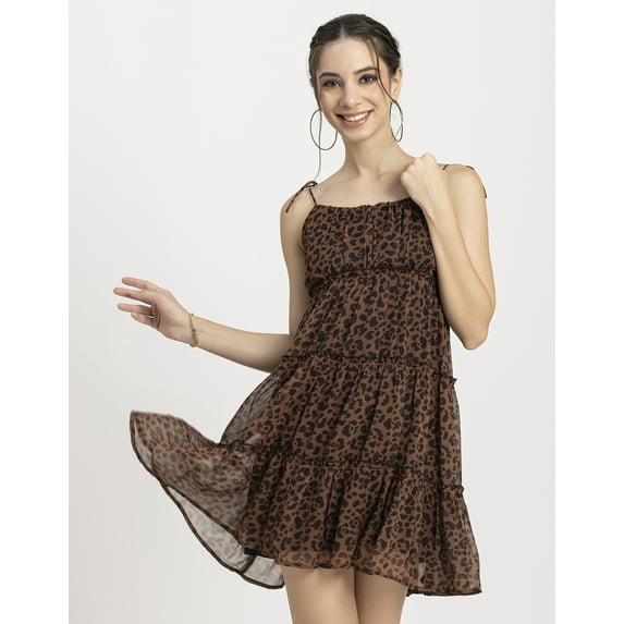 Moomaya Women Printed Mini Dress, Strappy Shoulders Tiered Short Summer Dress