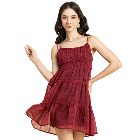 Moomaya Women Printed Mini Dress, Strappy Shoulders Tiered Short Summer Dress