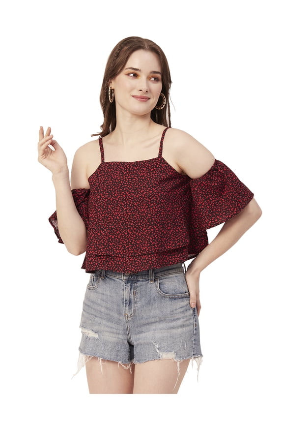 Women Printed Off Shoulder Viscose Top, Ruffled Summer Crop Top