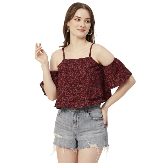 Moomaya Women Printed Off Shoulder Viscose Top, Ruffled Summer Crop Top