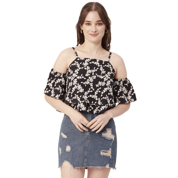 Moomaya Women Printed Off Shoulder Viscose Top, Ruffled Summer Crop Top