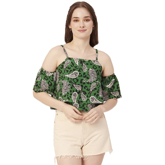 Moomaya Women Printed Off Shoulder Viscose Top, Ruffled Summer Crop Top