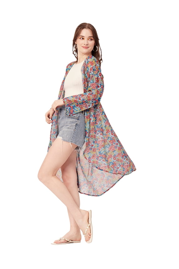 Women Printed Sheer Shrug, Long Length Casual Beach Wear Coverup