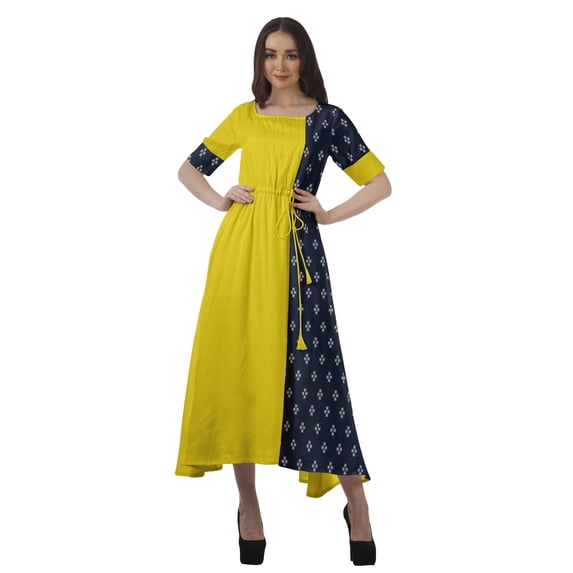 Moomaya Women Printed Short Sleeve Viscose Santoon Drawstring Waist Midi Dress