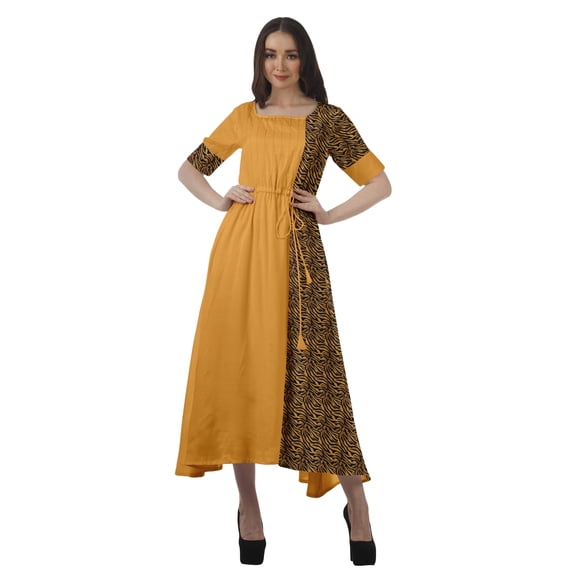 Moomaya Women Printed Short Sleeve Viscose Santoon Drawstring Waist Midi Dress