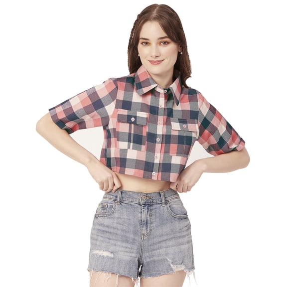 Moomaya Women Printed Short Sleeves Crop Shirt, Collared Neck Short Boxy Shirt Top