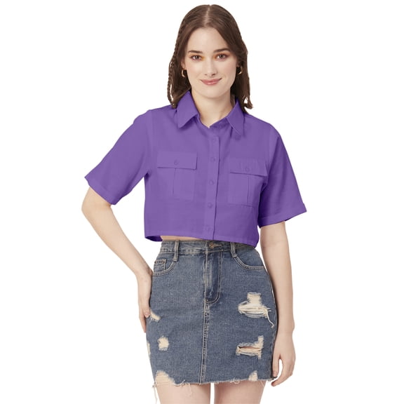 Moomaya Women Printed Short Sleeves Crop Shirt, Collared Neck Short Boxy Shirt Top