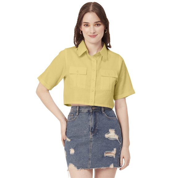 Moomaya Women Printed Short Sleeves Crop Shirt, Collared Neck Short Boxy Shirt Top