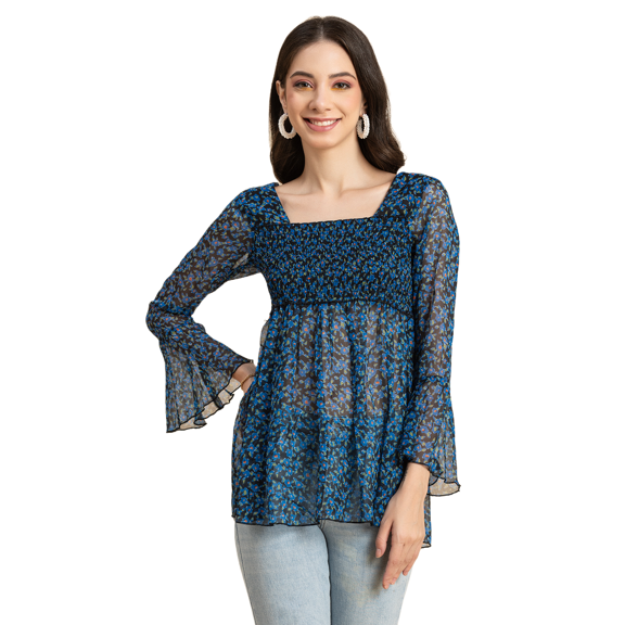 Moomaya Women Printed Smocked Square Neck Top, Bell Sleeves Ruffled Long Top