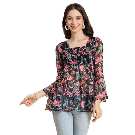 Moomaya Women Printed Smocked Square Neck Top, Bell Sleeves Ruffled Long Top