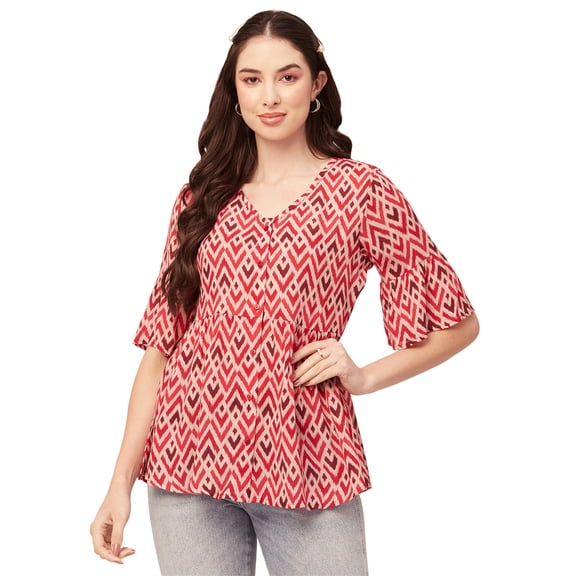 Moomaya Women Printed Summer Tunic Top V Neck Button Down Flutter Elbow Sleeves Flared Top