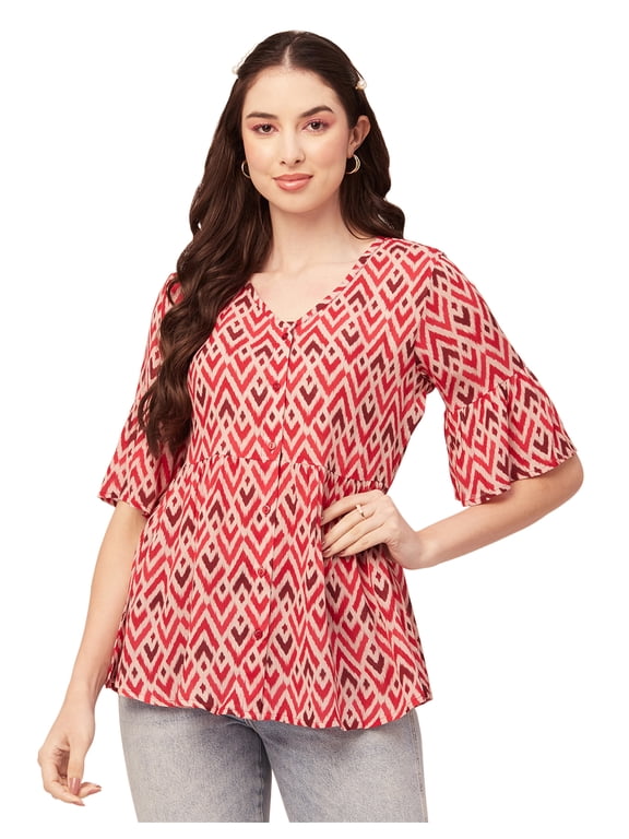 Women Printed Summer Tunic Top V Neck Button Down Flutter Elbow Sleeves Flared Top