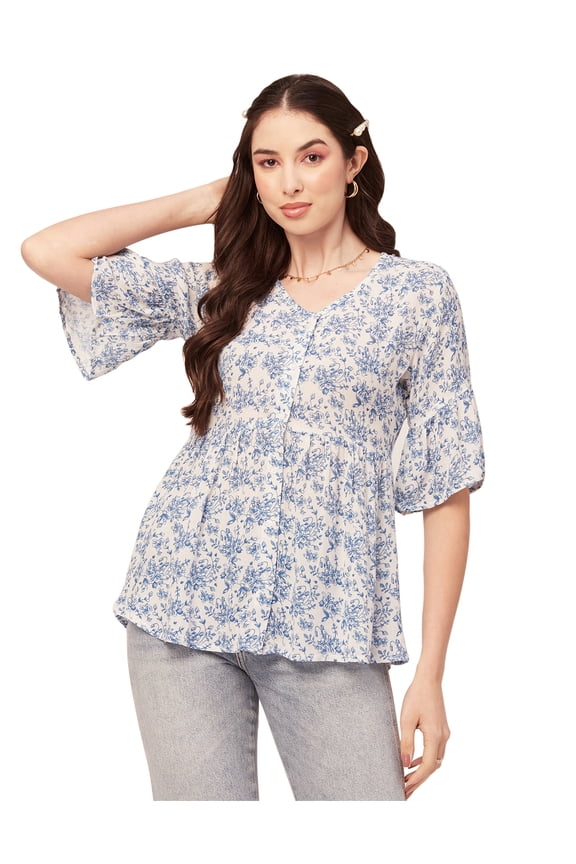 Women Printed Summer Tunic Top V Neck Button Down Flutter Elbow Sleeves Flared Top
