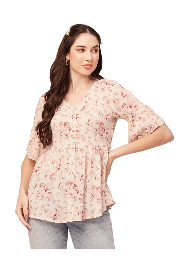 Women Printed Summer Tunic Top V Neck Button Down Flutter Elbow Sleeves Flared Top