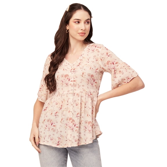 Moomaya Women Printed Summer Tunic Top V Neck Button Down Flutter Elbow Sleeves Flared Top