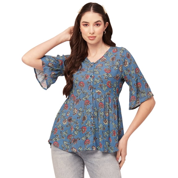 Moomaya Women Printed Summer Tunic Top V Neck Button Down Flutter Elbow Sleeves Flared Top