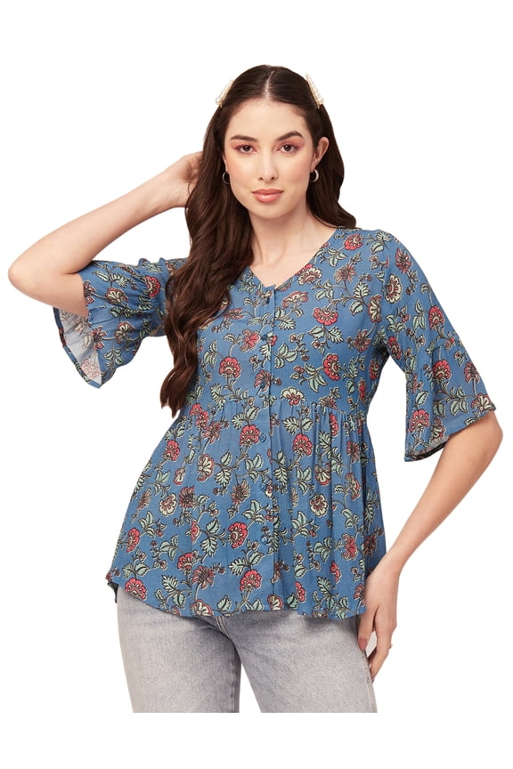 Women Printed Summer Tunic Top V Neck Button Down Flutter Elbow Sleeves Flared Top