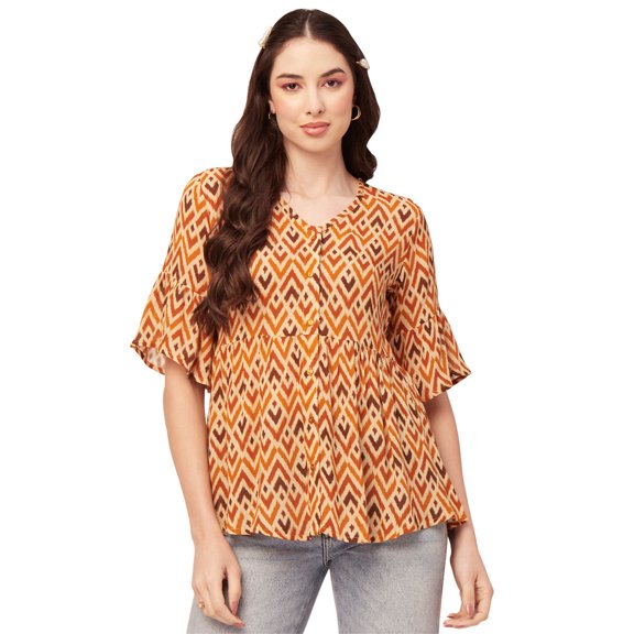 Moomaya Women Printed Summer Tunic Top V Neck Button Down Flutter Elbow Sleeves Flared Top