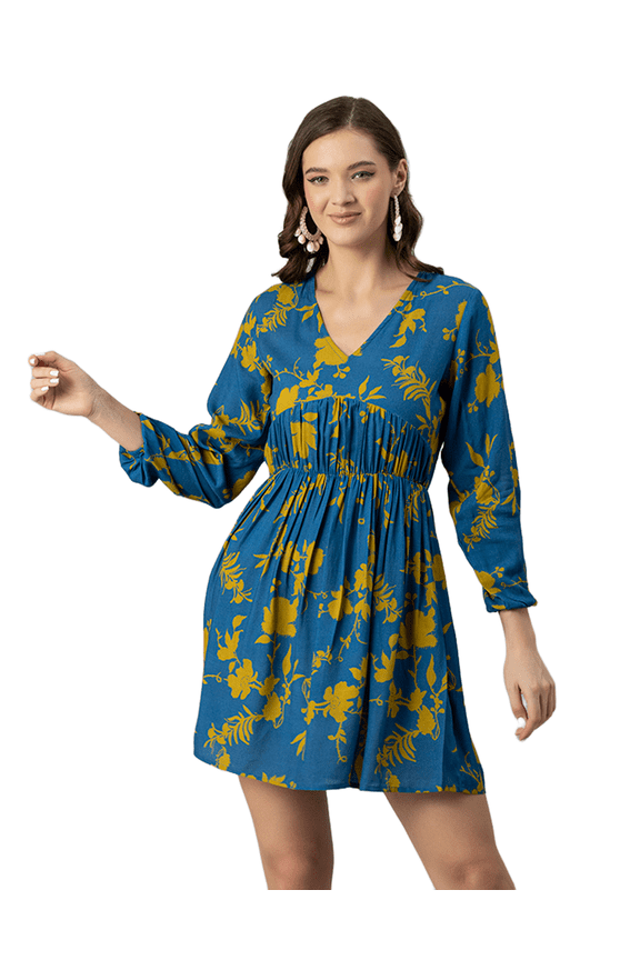 Women Printed Viscose Dress, Long Sleeves V-neck Short Length Summer Dress