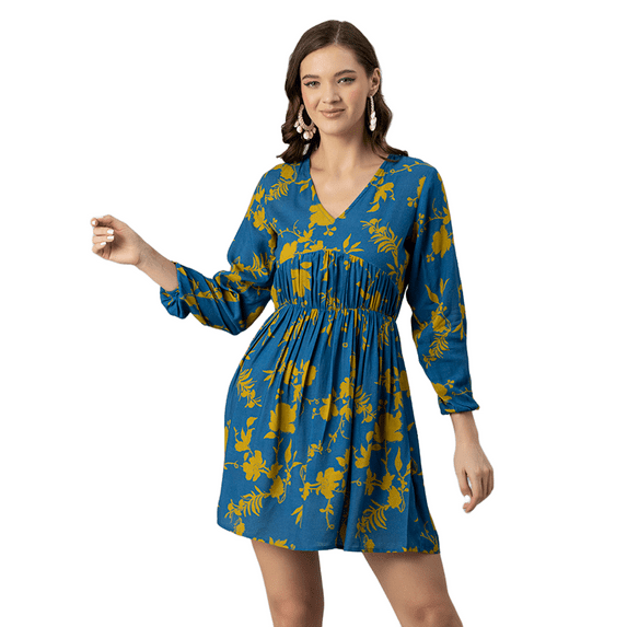 Moomaya Women Printed Viscose Dress, Long Sleeves V-neck Short Length Summer Dress