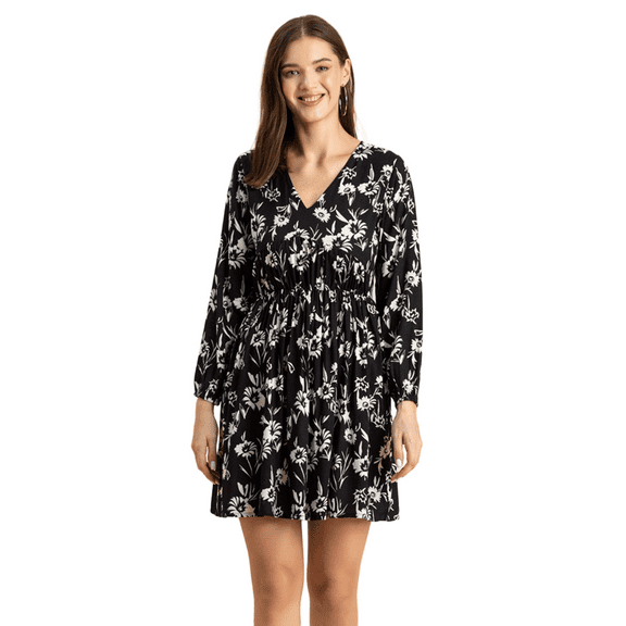 Moomaya Women Printed Viscose Dress, Long Sleeves V-neck Short Length Summer Dress