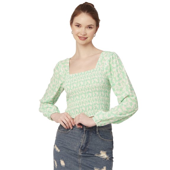 Moomaya Women'S Printed Square Neck Crop Top, Long Sleeves Smocked Summer Top