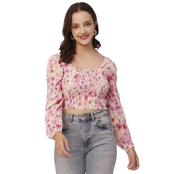 Moomaya Women'S Printed Square Neck Crop Top, Long Sleeves Smocked Summer Top
