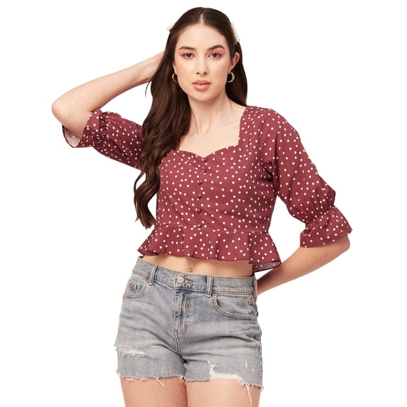 Moomaya Women Short Top Sweetheart Neck Elbow Sleeves Crop Top