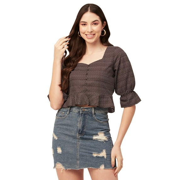 Moomaya Women Short Top Sweetheart Neck Elbow Sleeves Crop Top