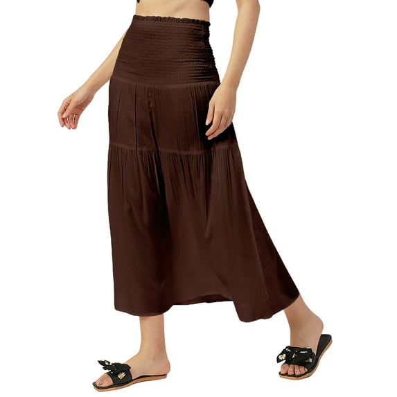 Moomaya Women Solid Viscose Rayon Casual Skirt, High Waist Smocked Midi Skirt