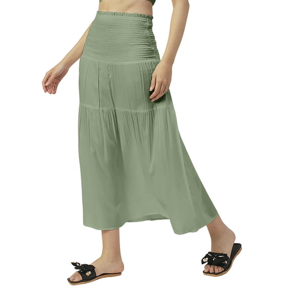 Moomaya Women Solid Viscose Rayon Casual Skirt, High Waist Smocked Midi Skirt