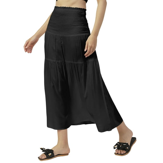 Moomaya Women Solid Viscose Rayon Casual Skirt, High Waist Smocked Midi Skirt