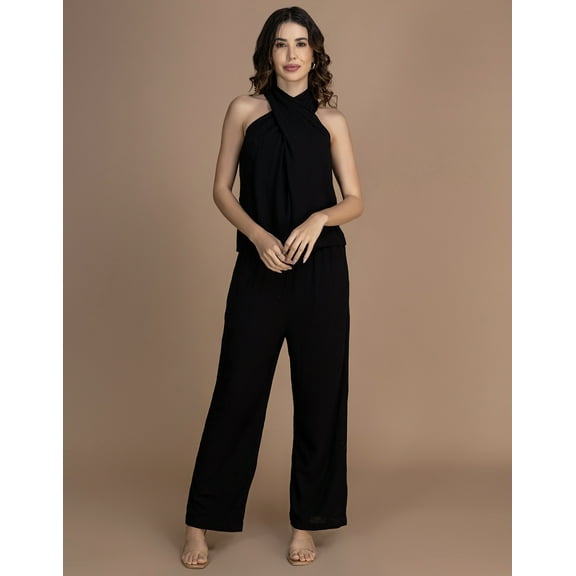 Moomaya Women's 2-Piece Co-Ord Set | Draped Neckline Sleeveless Top & Flared Palazzo Pants | Crinkle Rayon Casual Lounge Outfit With Pockets