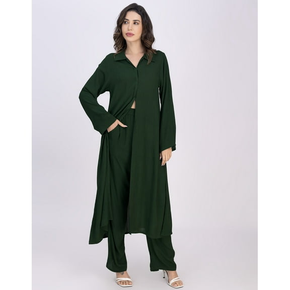 Moomaya Women's 2-Piece Indo-Western Co-Ord Set | Designer Rayon Long Shirt With Elastic Waist Pants | Casual Outfit With Pockets - Comfortable & Breathable