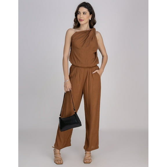 Moomaya Women's Chic 2-Piece Co-Ord Set | Sleeveless Knot Neck Balloon Top & Elastic Waist Pants | Crinkle Rayon Summer Outfit With Pockets & Rhinestone Strap