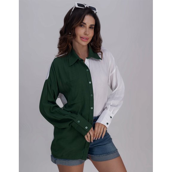 Moomaya Women's Chic Color Block Shirt | Casual Crinkle Rayon Button-Down Top With Classic Collar & Long Cuffed Sleeves