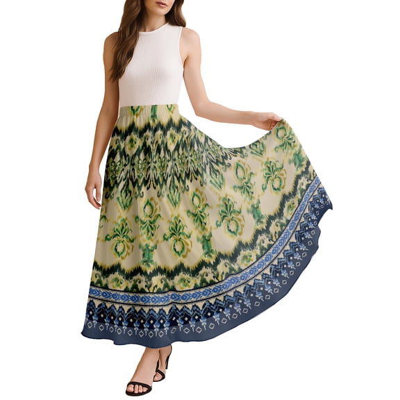 Moomaya Women's Chiffon Maxi Skirt with Lining - 40" Long Printed Skirt for Beach, Summer Outfits, High Waist Flowy Skirt