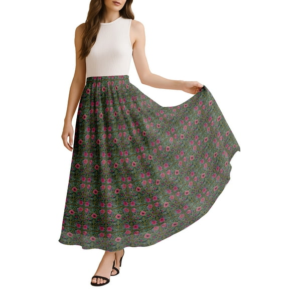 Moomaya Women's Chiffon Maxi Skirt with Lining - 40" Long Printed Skirt for Beach, Summer Outfits, High Waist Flowy Skirt
