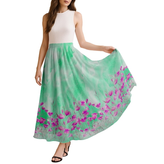 Moomaya Women's Chiffon Maxi Skirt with Lining - 40" Long Printed Skirt for Beach, Summer Outfits, High Waist Flowy Skirt