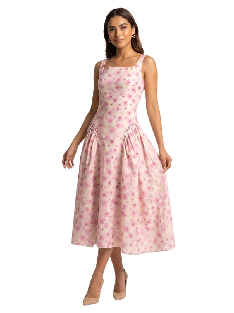 brunch and back dress Moomaya Women's Cotton Floral Corset Midi | Square Neck Fit & Flare Dress with Tie-Up & Gathered Skirt burgundy quinceanera dress Openwork Lace Knit Ruffle Color:Nude What occasions are perfect Dress hemmed