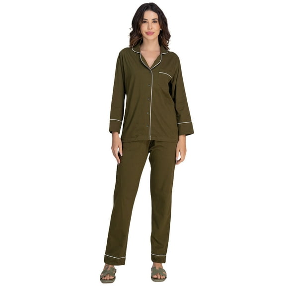 Moomaya Women's Cotton Jersey Pajama Set - Ultra-Soft, Button-Down Sleepwear With Notch Lapel Shirt