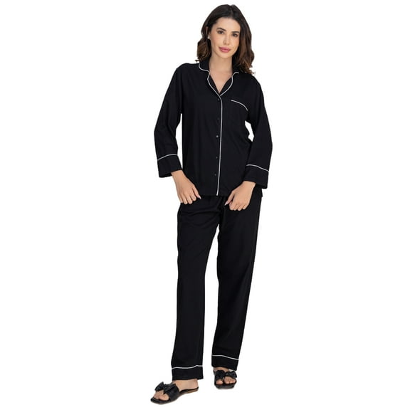 Moomaya Women's Cotton Jersey Pajama Set - Ultra-Soft, Button-Down Sleepwear With Notch Lapel Shirt